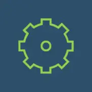 A green gear icon on a blue background