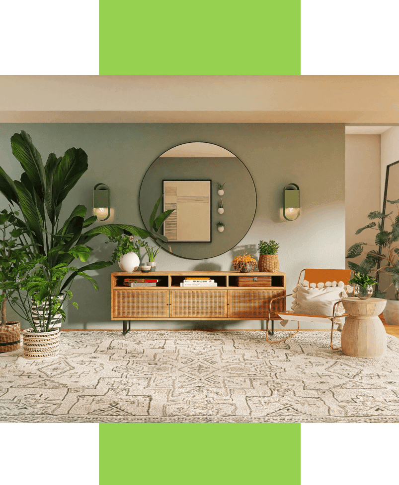 A room with plants and furniture in it