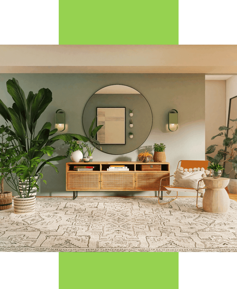 A room with plants and furniture in it